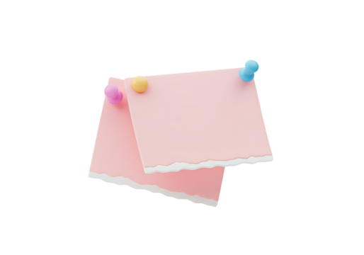 Two pink note papers pinned with colorful thumbtacks on transparant background