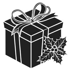 Black and White Christmas Gift Box with Holly Accent present ribbon