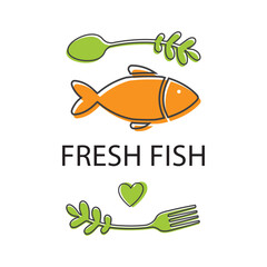 Fresh fish, name of restaurant. Fish with fork and spoon on both sides.