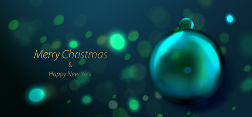 Christmas realistic glass transparent ball on green background. Holiday vector card.