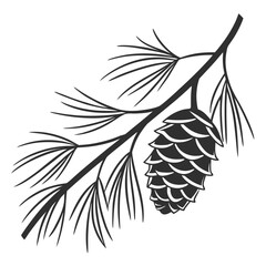 Black and white illustration of a pine cone on a branch needles