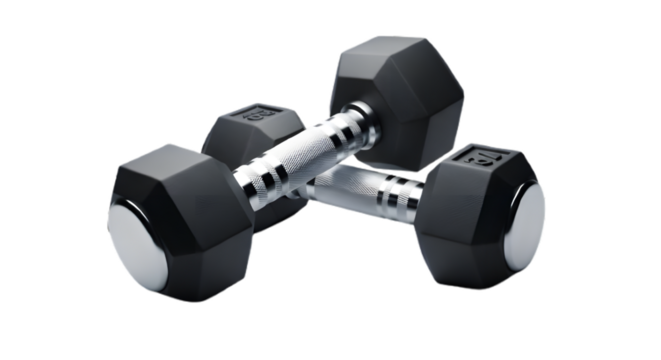 Two black dumbbells with silver handles isolated on transparent background for weight training and fitness