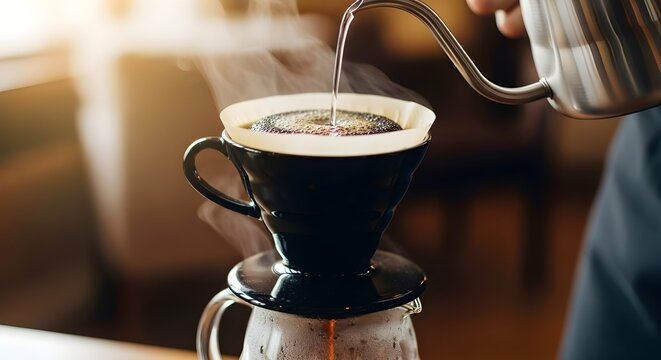 A realistic photograph of the manual coffee brewing process using the pour-over method. Hot water is slowly poured from a gooseneck kettle into a paper filter filled with coffee grounds above a black 