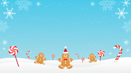 Gingerbread and friends on winter background vector illustration. Christmas snacks elements with copy space