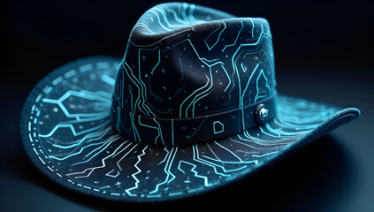 A stylish black cowboy hat decorated with a blue circuit line pattern, combining classic Western style with modern tech feel.