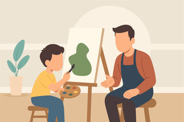 Young Boy Learning to Paint with Professional Artist in Modern Flat Design