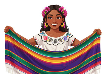 Young hispanic woman, dark hair with pink flowers, radiant smile, white embroidered blouse, holding vibrant Mexican sarape against white, cultural celebration