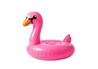 A vibrant bright pink glossy inflatable swan pool float with a black/orange beak and eye, centered on a transparent studio background with copy space, Concept for summer advertising