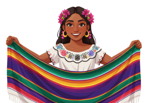 Young hispanic woman, dark hair with pink flowers, radiant smile, white embroidered blouse, holding vibrant Mexican sarape against white, cultural celebration