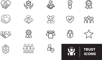 Set of Modern Trust Icon Set Containing confidence, credibility, promise, trustworthy, friends, truth, faith, sincerity and honesty. Vector black icons collection.