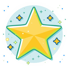 A cute cartoon illustration of a sparkling yellow star icon. Symbol of success, achievement, winning, and top quality rating.