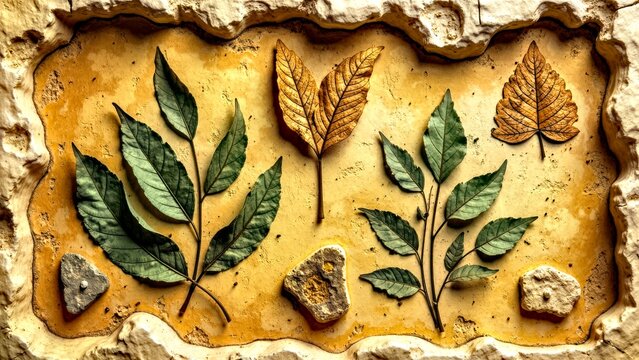 Close up of vintage art on fossilized branches and leaves