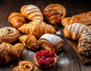 Assortment of fresh pastries, including croissants and tarts