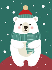 Cute Cartoon Polar Bear in Red and Teal Winter Hat and Scarf with Snowy Background. Adorable illustration ideal for Christmas, holiday greetings, New Year, winter season.