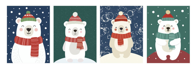 Cute Polar Bear Winter Portrait Collection Arctic Animals in Hats and Scarves. Four Kawaii Polar Bears in Winter Attire Christmas and Seasonal Greeting Card Set.