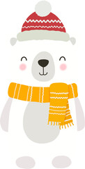 Cute Cartoon Polar Bear Wearing Winter Hat and Scarf. Adorable illustration for Christmas, New Year, winter season, holiday greetings.