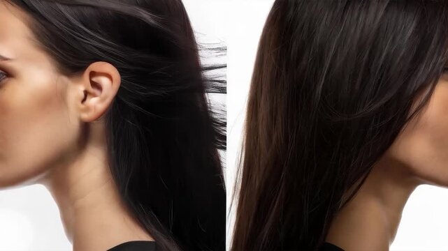 Split image: dull and damaged hair on the left, healthy and shiny hair on the right. The problem of hair damage. Useful for advertising cosmetic products, articles on hair health, beauty and care blog