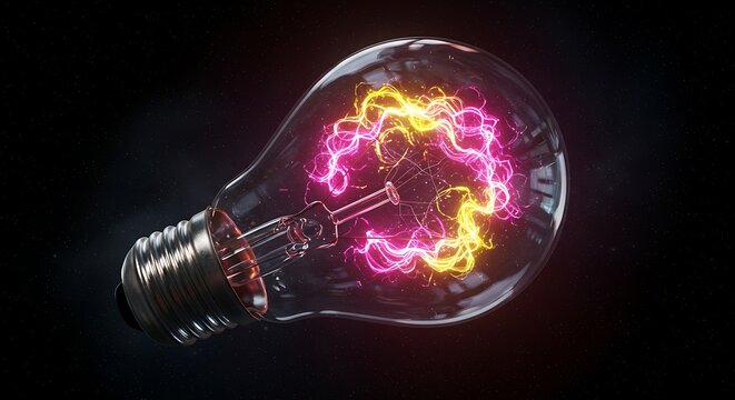 Artistic depiction of a lightbulb with vibrant energy swirls illuminating inside
