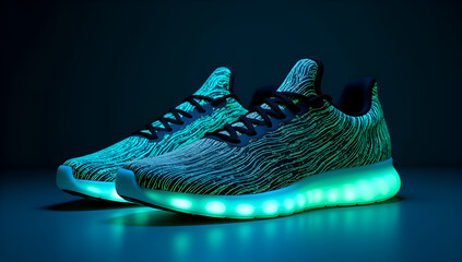 Glowing sneakers with neon lights and wavy patterns in a dark studio.