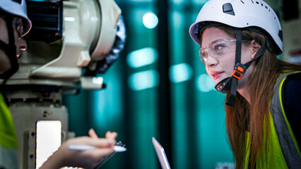 Two female engineers in hard hats and safety vests work with a robotic arm. One woman holds a...