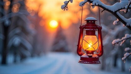 Vintage red lantern glowing warmly on a snowy branch at sunset, peaceful winter landscape with warm light and serene seasonal atmosphere in forest background