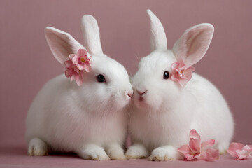 Two white rabbits with flowers in their ears enjoying a moment together on a soft pink background