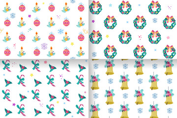 A set of hand-drawn Christmas seamless patterns featuring Christmas items. Christmas backgrounds for cards and wrapping paper. Vector