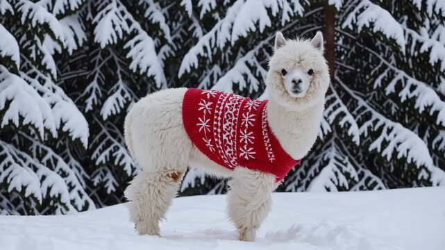 Fluffy alpaca in red knit sweater enjoys snowy forest walk