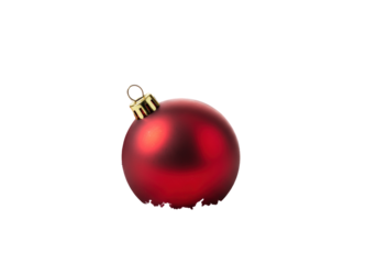 Three elegant spherical matte deep red Christmas baubles with golden caps, resting on soft white artificial snow, isolated on a bright white background. Modern Christmas spirit