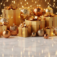 Golden Christmas Presents and Ornaments with Twinkling Lights