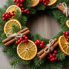 Festive Christmas Wreath With Natural Decorations Like Dried Oranges Cinnamon Sticks And Red Berries
