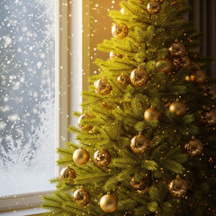Beautifully Decorated Christmas Tree with Golden Ornaments and Snowy Window View