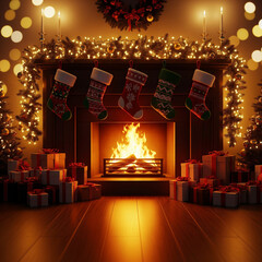Cozy Christmas Fireplace with Stockings and Presents Warm Glow
