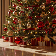 Festive Christmas Tree Adorned with Ornaments and Presents Below Creates a Warm Holiday Glow