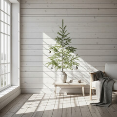 Cozy Scandinavian Living Room with Minimalist Christmas Tree Decor