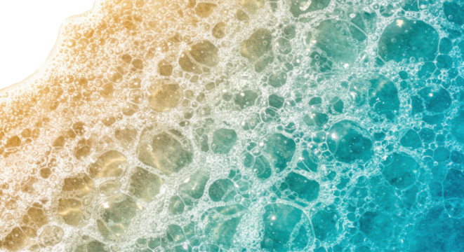 Aerial close-up, iridescent sea foam bubbles forming intricate abstract patterns on calm water with a pale yellow to turquoise gradient, copy space. Concept of serene natural purity