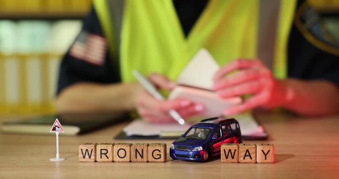 Traffic safety lesson on wrong way driving with visual aids and practical examples in a classroom setting
