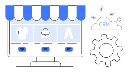 Computer screen displaying online store with products and carts. CRM cloud, gear, and icons symbolize business integration, data workflow, and online shopping. Ideal for retail, CRM, automation