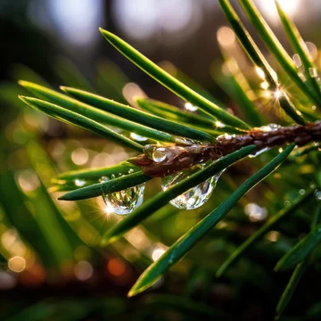 Frozen dew drops on pine needles shining in bright winter sunlight