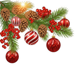 Christmas fir branch with ornaments, pine cones, and berries isolated on transparent background