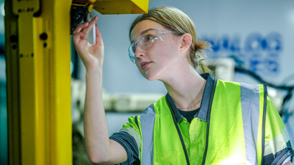 A close up portrait of a young female engineer in safety glasses and a vest. She is focused,...