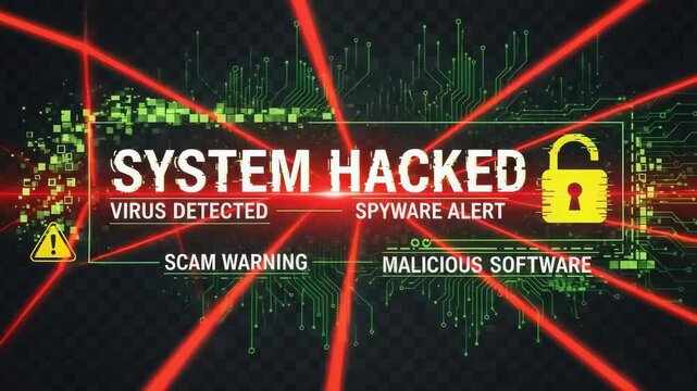 Digital alert screen displaying system hacked with virus, spyware, and scam warnings