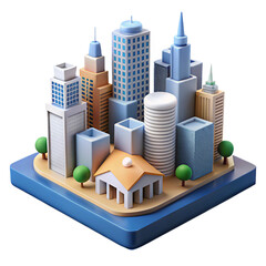 Isometric city skyline with modern buildings a house and trees 3D rendering for urban planning and real estate concepts
