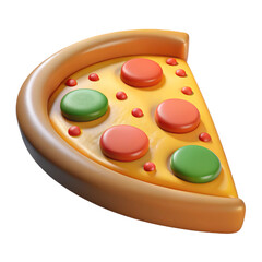 3D rendering of a pizza slice with pepperoni and green peppers isolated on white background