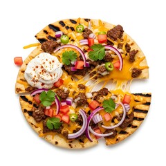 Deliciously loaded flatbread pizza topped with savory meats fresh vegetables and creamy sauce