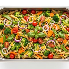Fresh vibrant pasta salad packed with colorful vegetables and herbs for a delicious meal