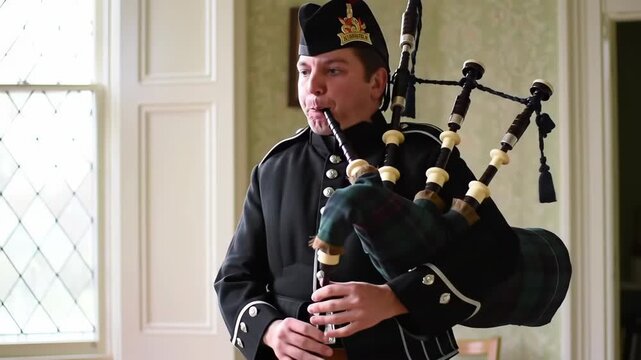 Bagpiper plays bagpipes indoors near window, wearing uniform, background has wallpaper, suitable for performance or historical events