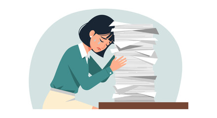 An overwhelmed Asian businesswoman experiences burnout, feeling stressed and exhausted while facing a mountain of paperwork in a modern office setting.