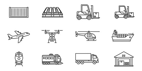 Collection of logistics and transportation icons in a clean silhouette style