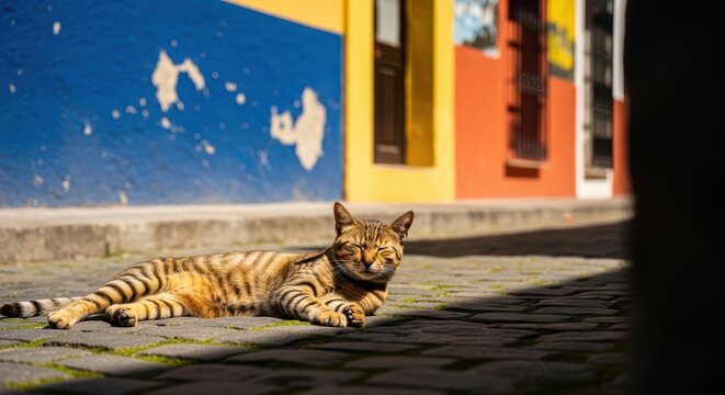 Striped cat relaxing on vibrant cobblestone street in sunny urban setting